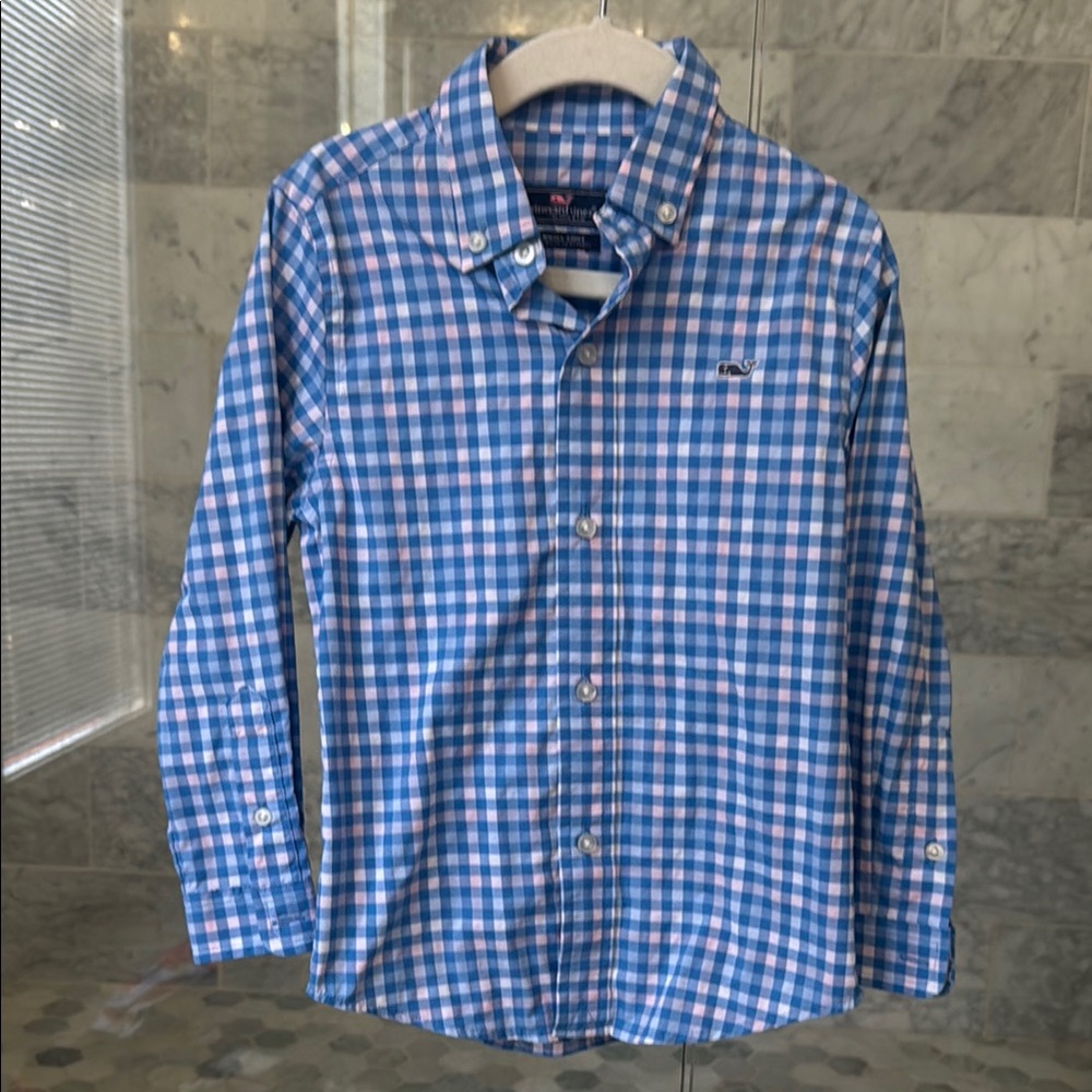 Vineyard Vines blue and pink Checkered whale Shirt